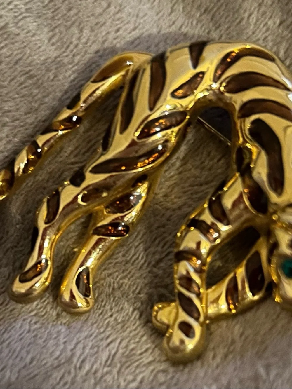 Gold-Tone Tiger Pin Brooch with Brown Enamel Stripes and Green Eyes